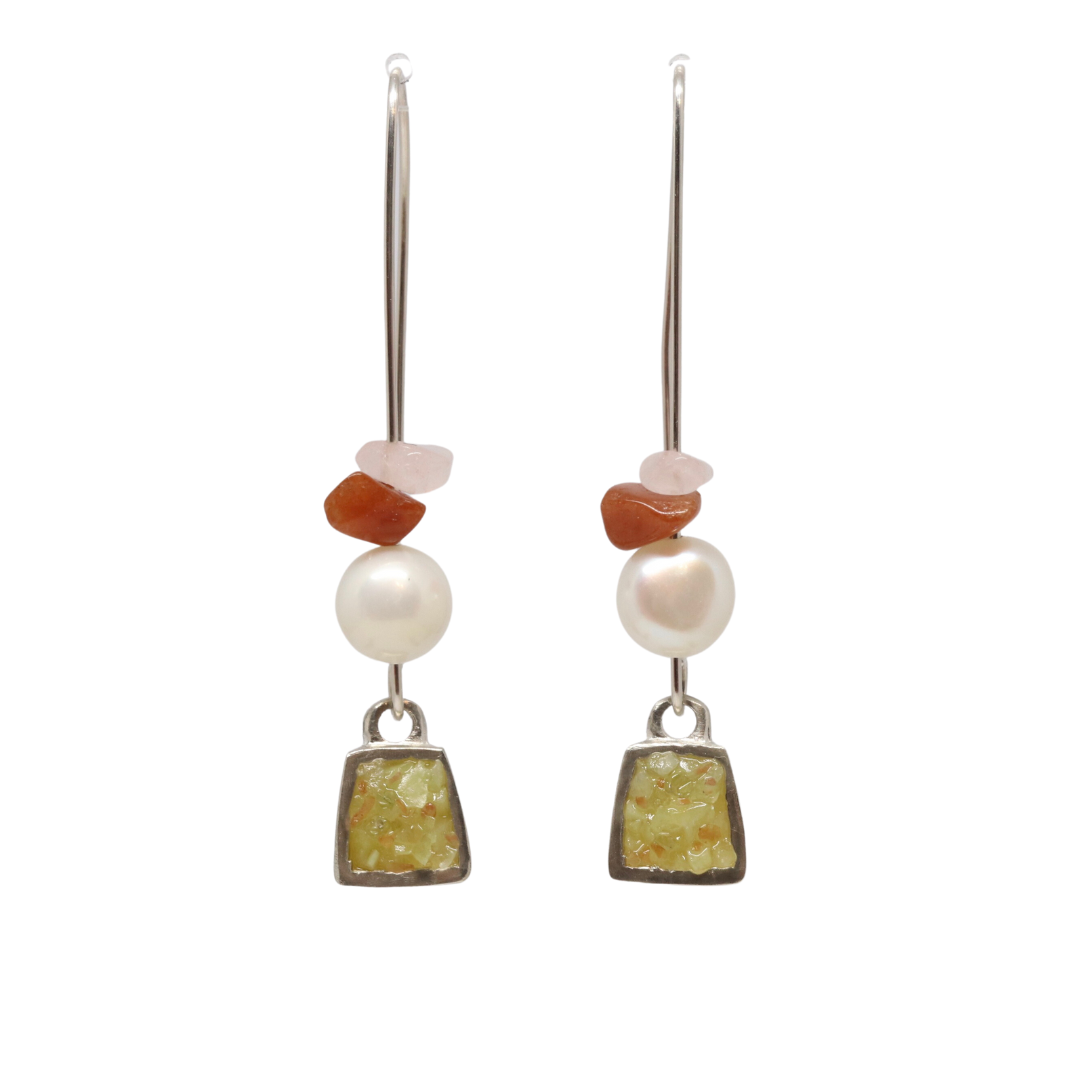 SOR Fruitbowl E440 Locket drop earrings Stg silver, pearl & yellow serpentine w red aventurine & pink quartz beads