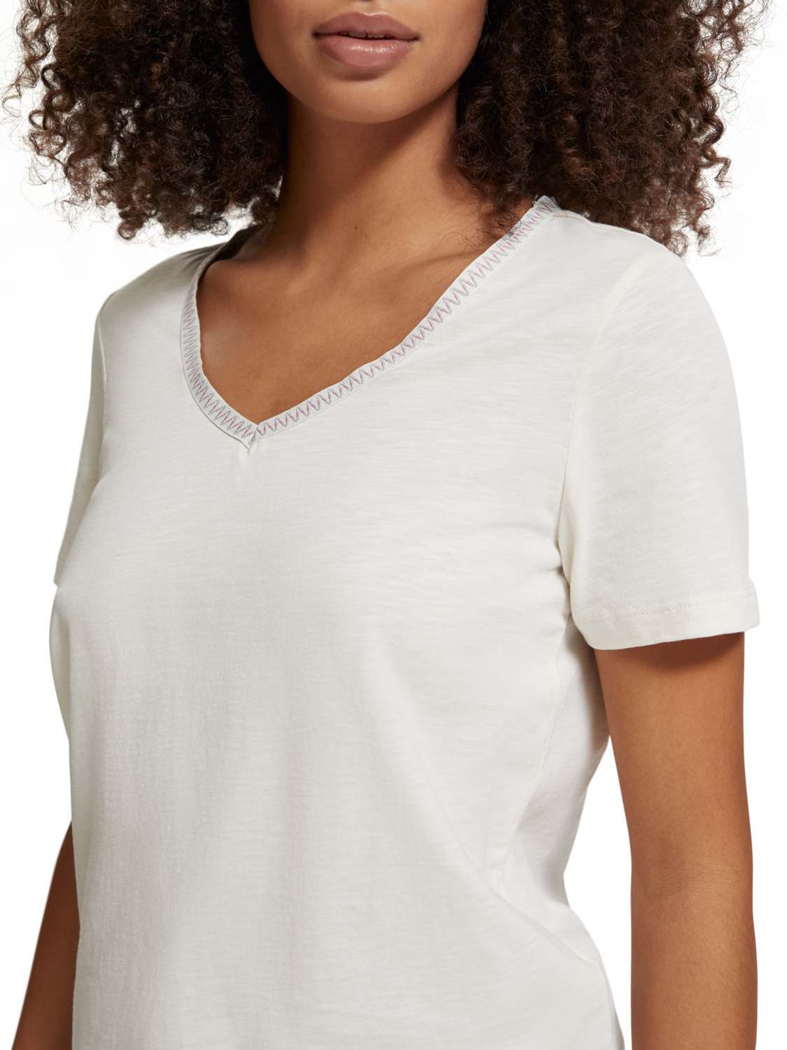 Woven Trim V-Neck T-Shirt