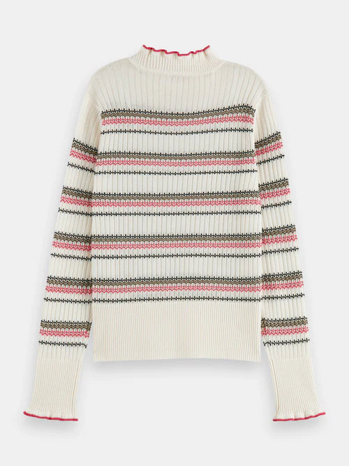 Fair Isle Striped Ruffle-Neck Sweater