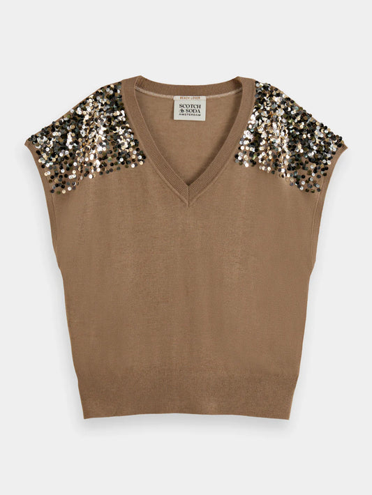 Embellished Shoulder V-Neck Top