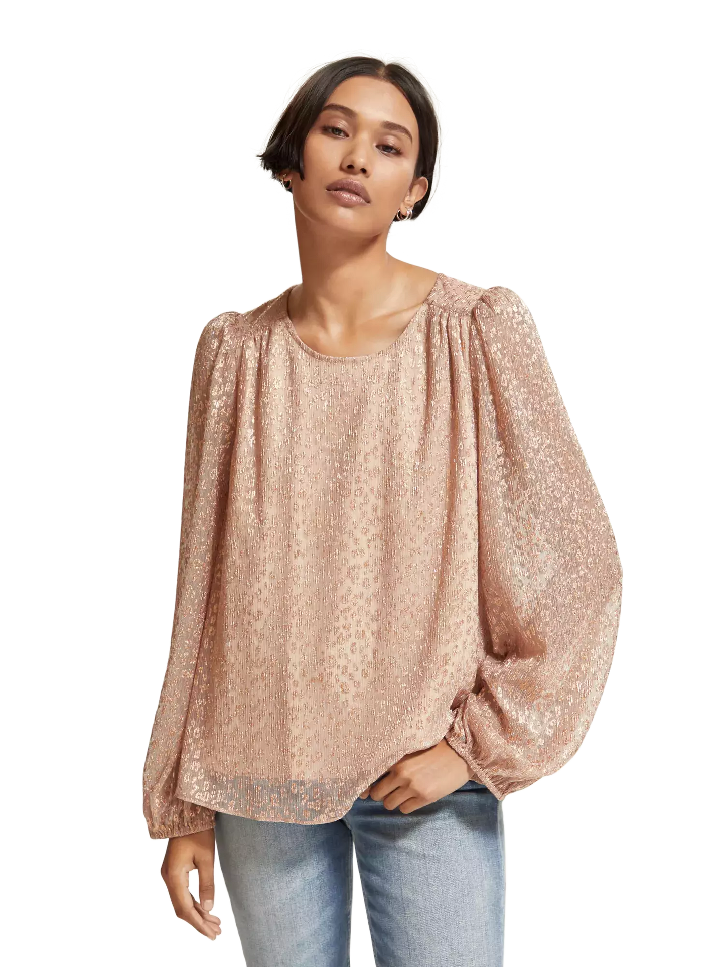 Metallic Balloon Sleeve Drapey Blouse