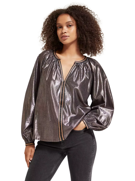 Shiny Balloon Sleeve Blouse