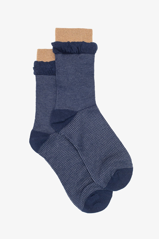 Navy Frill and Gold Top Sock