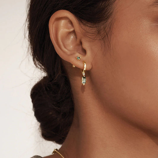 Huggies with Hanging Green Quartz Baguette Earrings | Yellow Gold