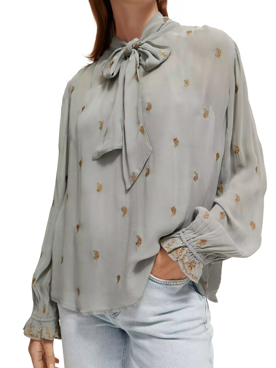 Embroidered Neck-Tie Blouse