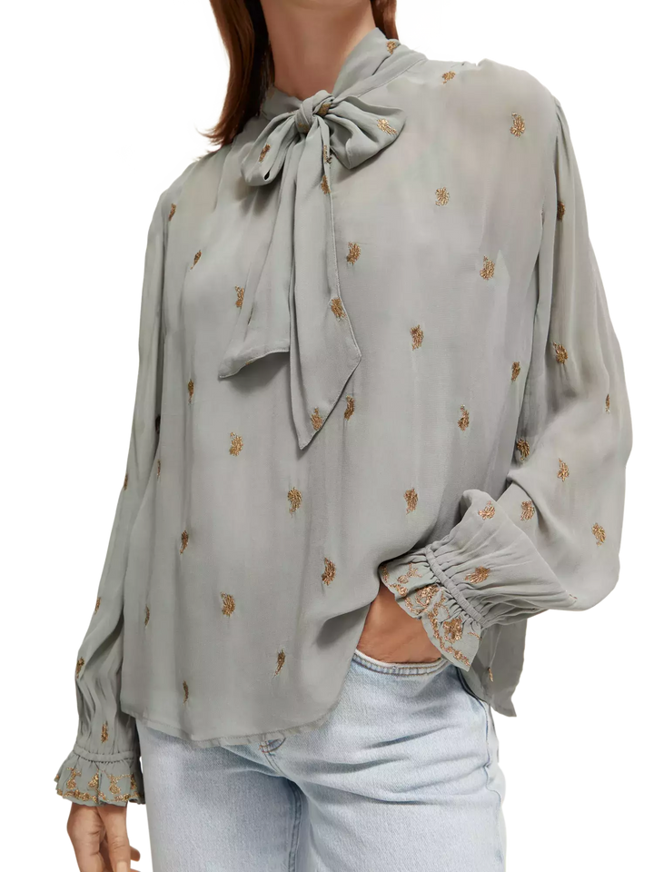 Embroidered Neck-Tie Blouse
